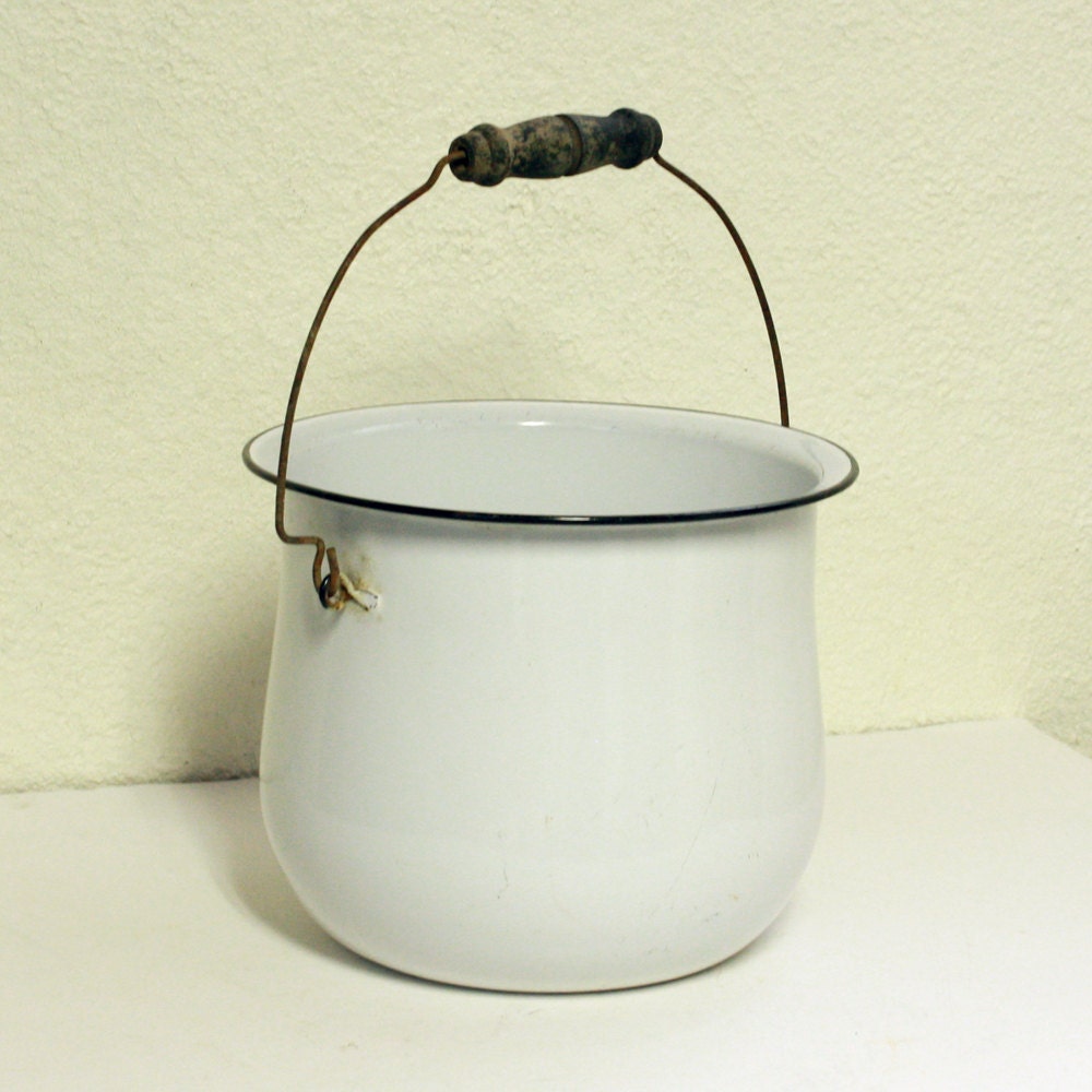 vintage chamber pot white enamel black wood by OldCottonwood