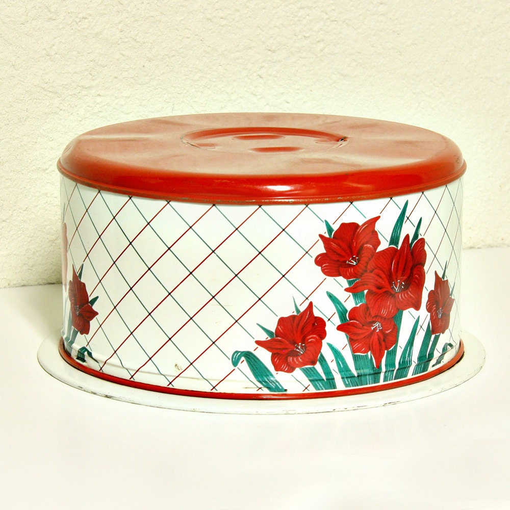 Vintage cake carrier pie carrier metal red by OldCottonwood