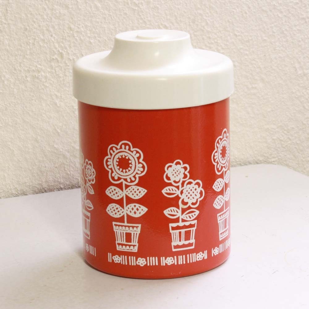 Vintage canister - metal - aluminum - red - flowers - Atapco