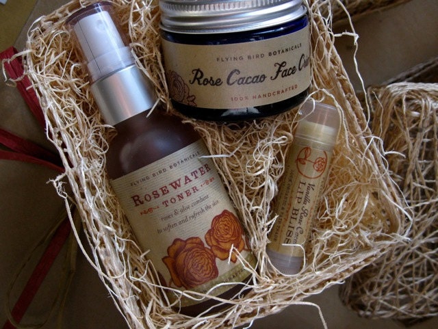 rose cacao bliss kit... 100% organic rose cacao face cream, rosewater toner, vanilla rose lip bliss in a sweet gift basket