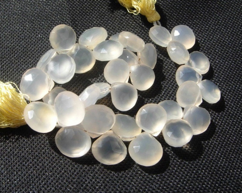 Full 8 Inches - Finest Quality AAA Ivory Chalcedony Faceted Heart Briolettes Size 11 - 12mm Approx