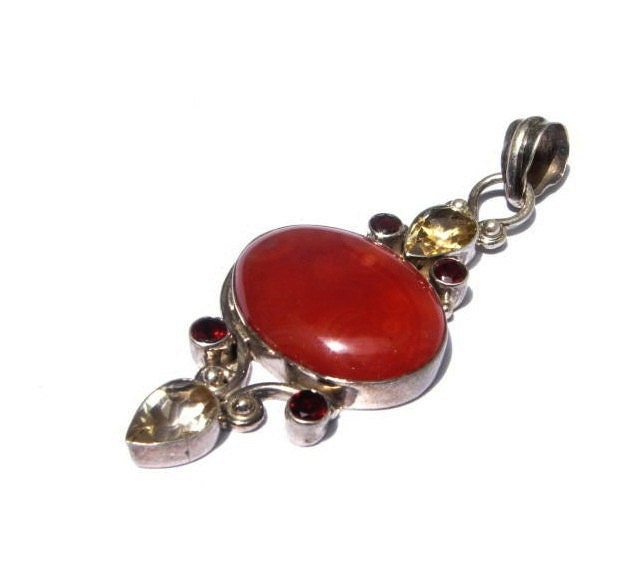 Genuine Citrine, Garnet, Red Onyx Cabochon and Sterling Silver Pendant Size 68x28mm Long