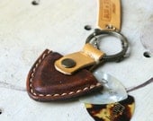 Valentines Gift Monogram Personalized for Men / Vintage style Guitar pick case leather keyring - Hand Stitched