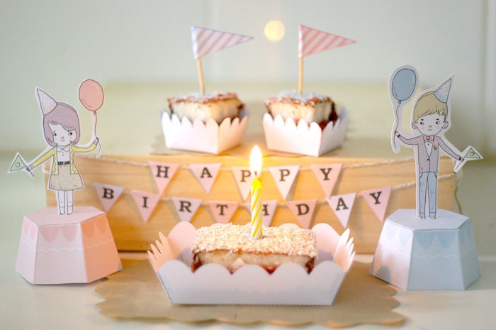 Pastel Pink and Blue Birthday Party Decorations Kit - printable pdf (Illustrated, Designer)