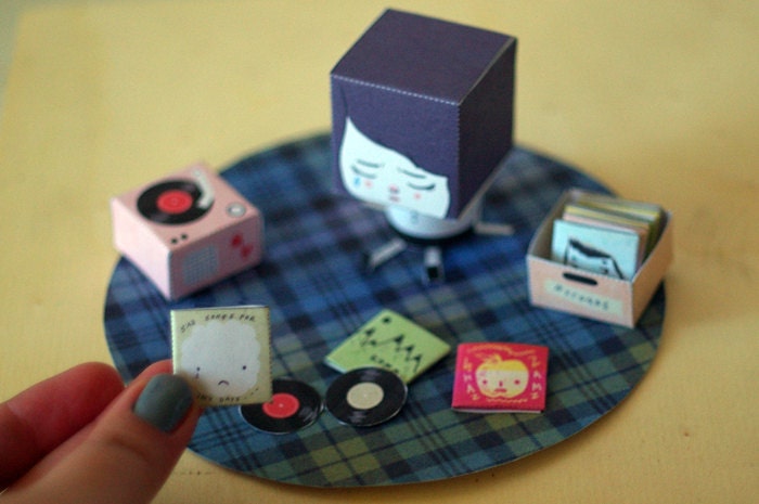 Sad Mona and her record collection - DIY paper craft 3D doll scene