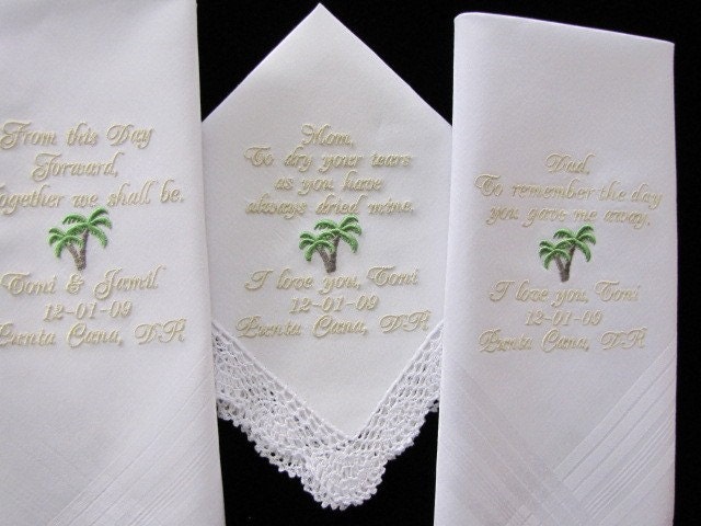 Three Personalized Destination Wedding Handkerchiefs for Mother, Father and Groom