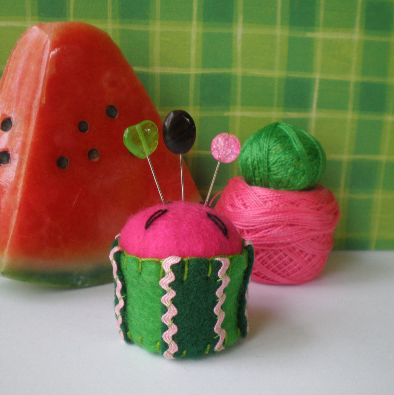 Pink and Green Watermelon Bottle Cap Pincushion