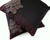 Black and Grey Wool Decorative Pillow, Throw Pillow with Appliquéd Flower