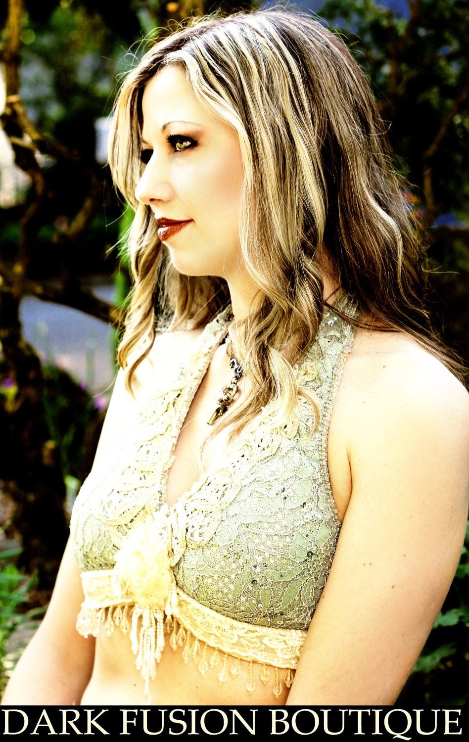 Halter, A Cup, Light Green, Cream, Nude, Sepia, Noir, Bellydance, Dance, Costume, Tribal, Fusion, Vintage Style, Gothic