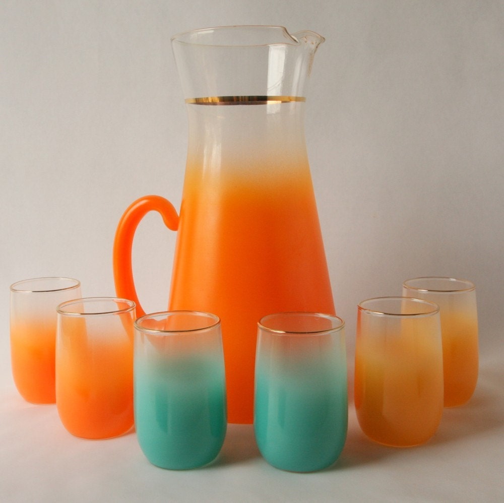 Frosted Orange Blendo Style Pitcher w 6 Juice Glasses by charmings
