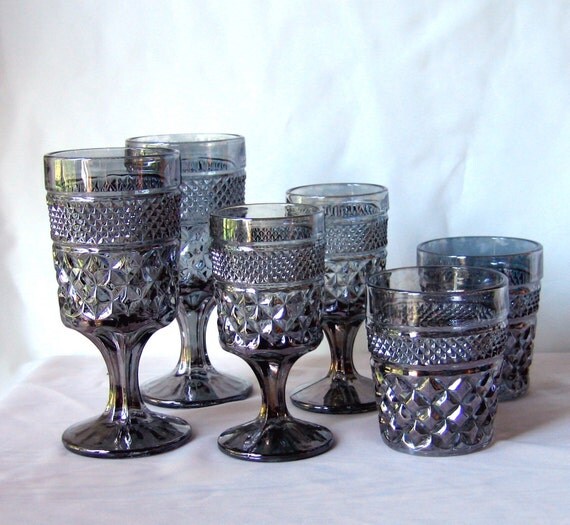 Anchor Hocking Wexford Pewter Mist 6 Pc Goblets Rocks Vtg
