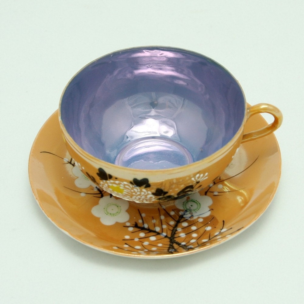 Vtg Blue Gold Lustre Cherry Blossom Tea Cup Saucer Japan