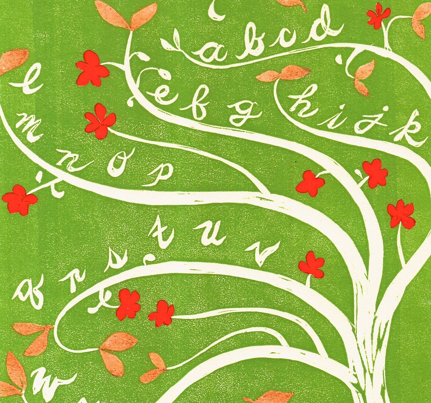 Alphabet Tree (green) - linocut prints