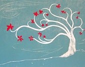 Flowering Tree (turquoise w/red) - linoleum print