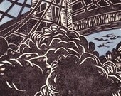 Brooklyn Bridge Park - linocut w/watercolor wash