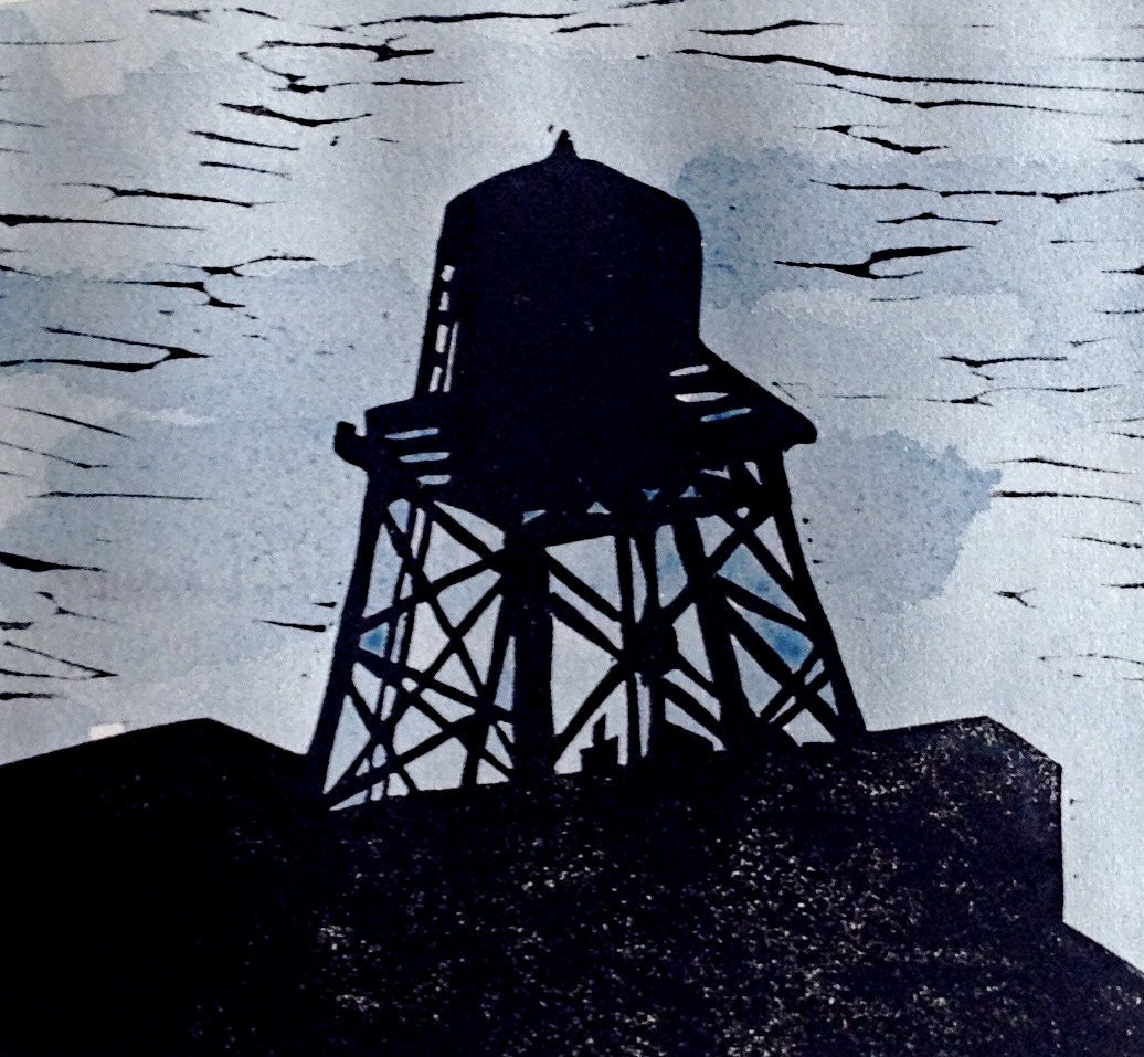 Brooklyn Water Tower w/watercolor linocut by Michelle Han