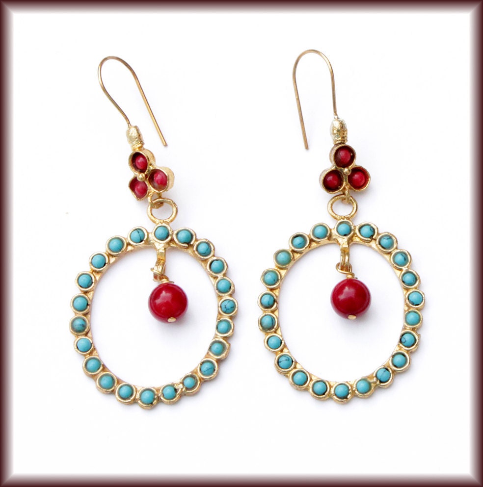 Vintage Style Turquoise Oval Hoops with Red Coral Dangle Golden Earrings