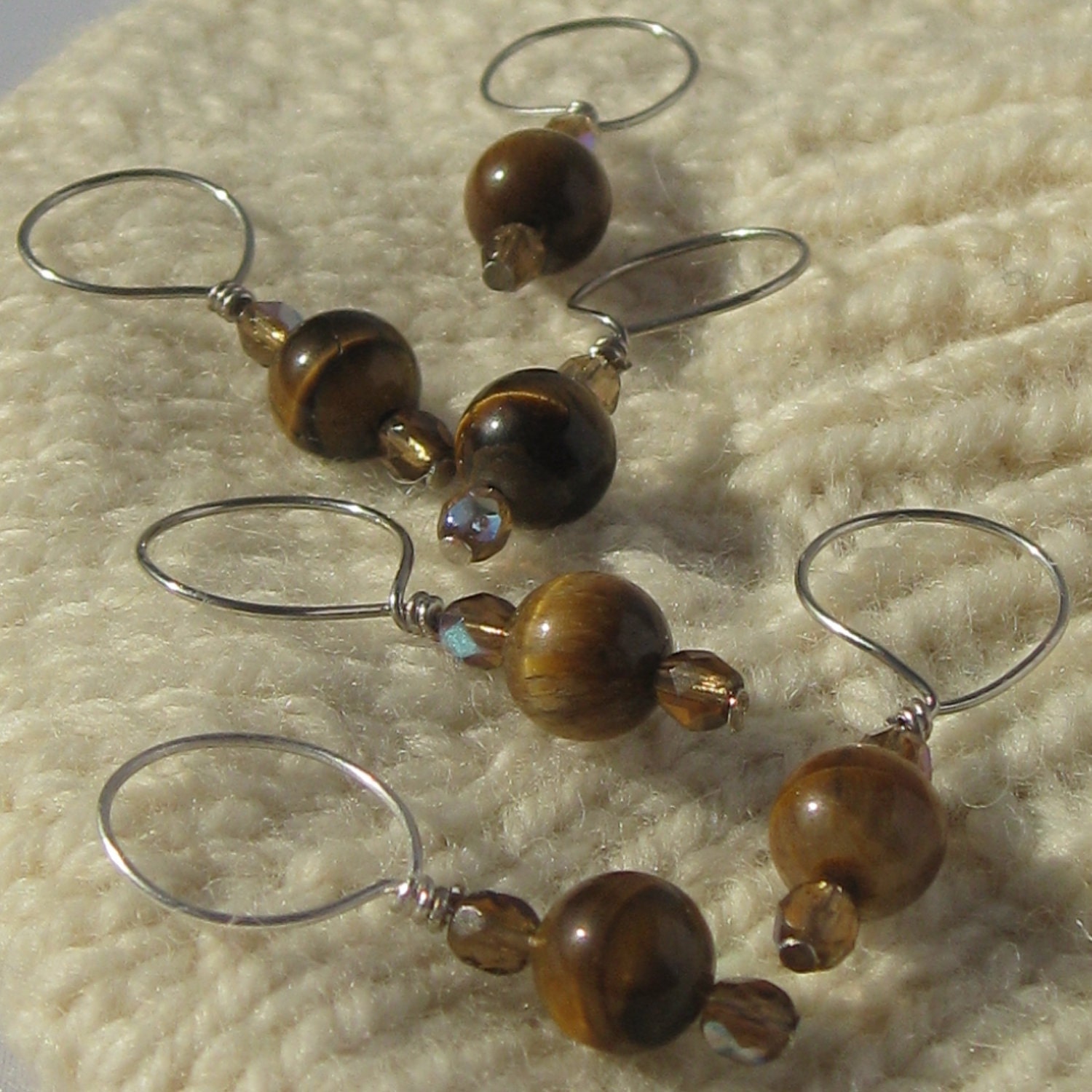 Stitch markers - Tiger's Eye and glass seed beads - Set of 6