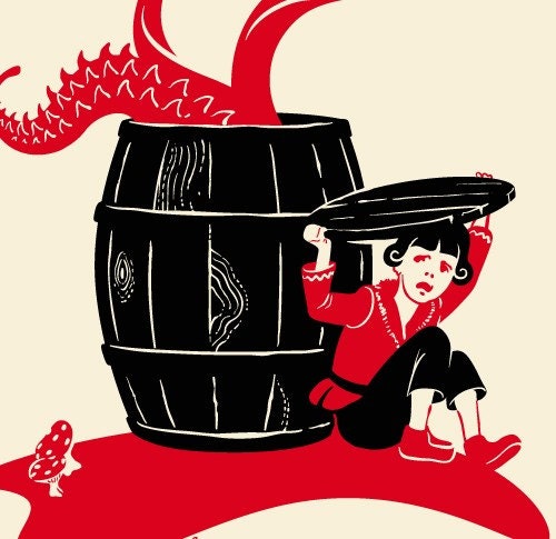 Tentacles in barrel with cowering child- Giclee Print