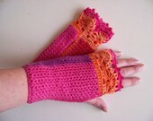 Pink, orange, purple crochet gloves with lace trim D416