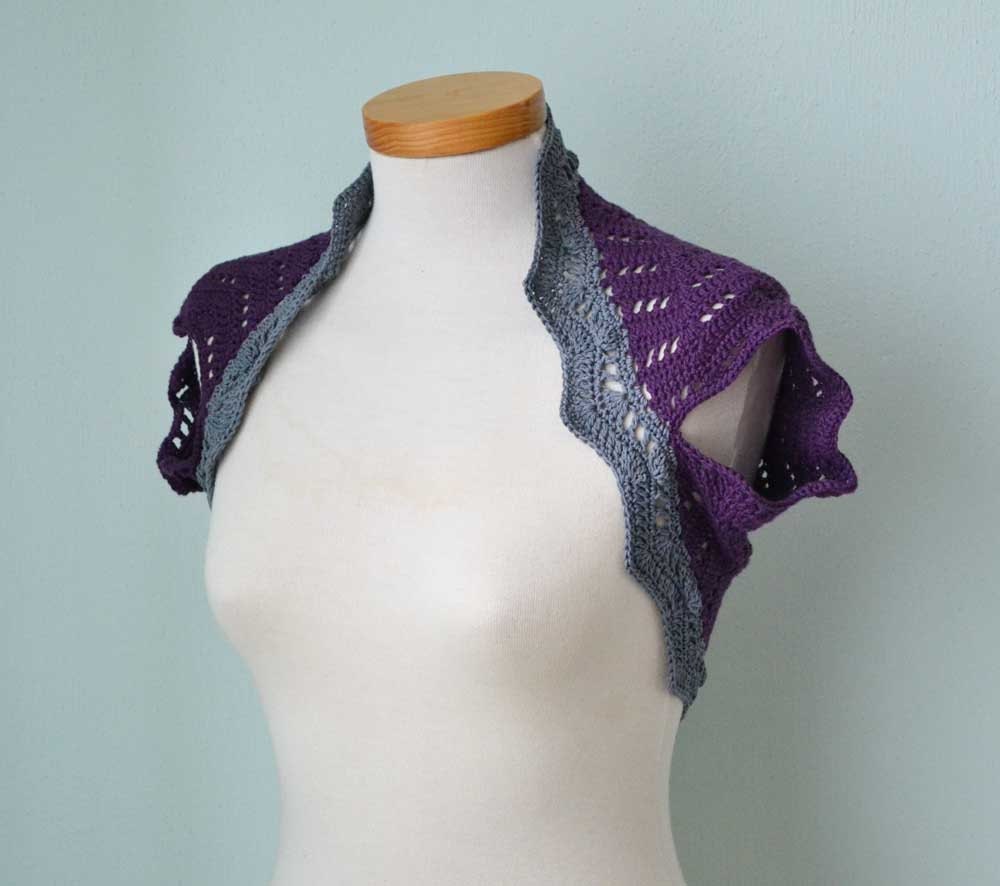 Purple cotton lace crochet shrug bolero with grey trim  G710