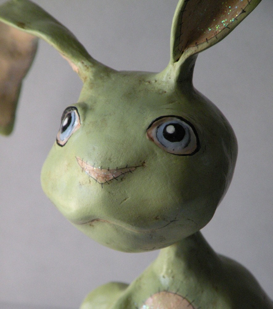 Patches -OOAK Hand Sculpted Paper Clay Spring Bunny with Chenille Tail