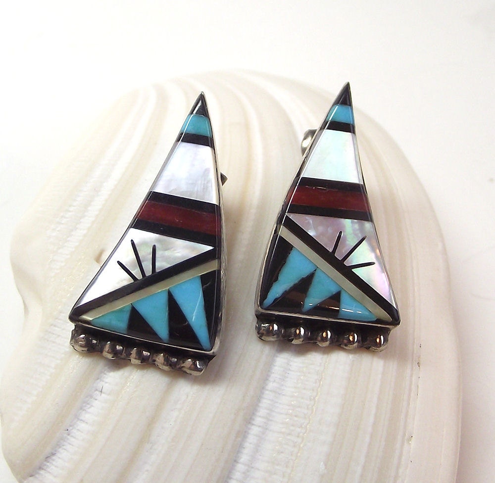 Vintage Zuni Inlay Stud Earrings, Turquoise, Mother of Pearl and Coral, Signed