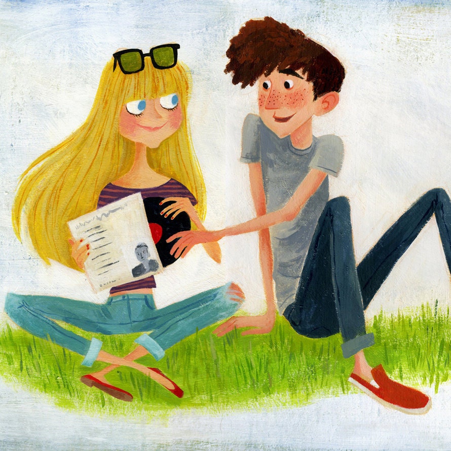 sharing a record player original painting