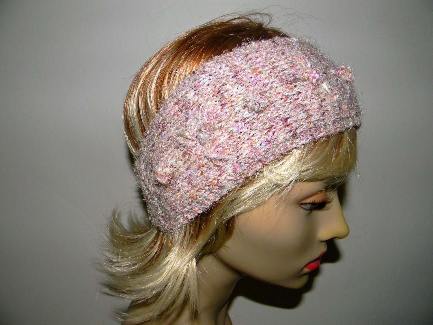 Knit headband, head band, hair band, ear warmer in a pink linen bland