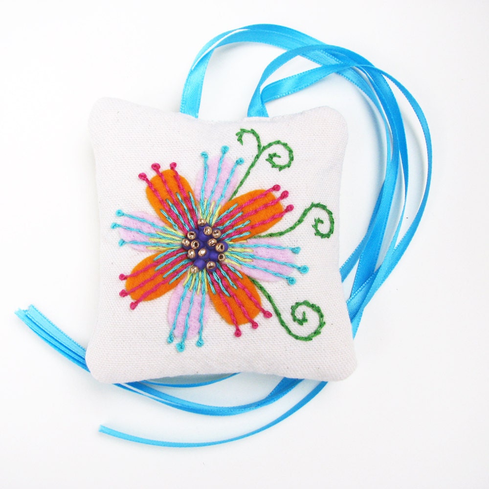 French Lavender Sachet with Embroidered Flowers