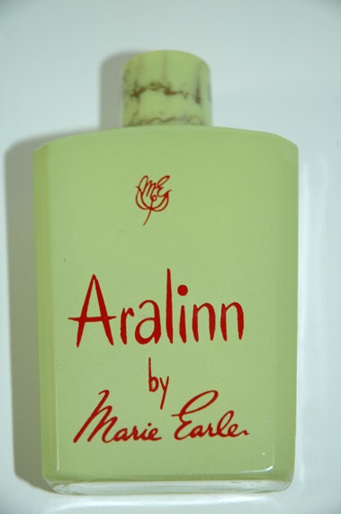 Vintage Aralinn bottle by Marie Earle-- Art Deco--Green Glass and Bakelite Top
