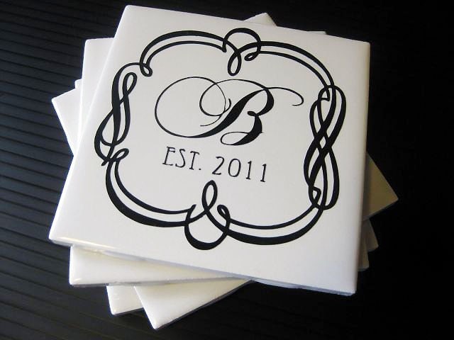 Personalized Coasters, Ceramic Tile, Custom Wedding Date, Monogrammed Set of 4.