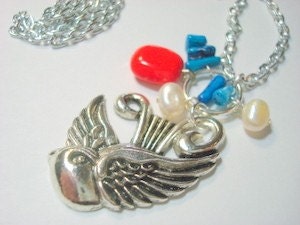 Fancy Bird Turquoise and Red Cluster Necklace