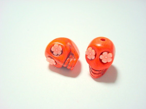 Small Orange Flower Eyes in Orange Day of The Dead Skull Beads-12mm