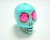 Gigantic Turquoise Howlite Skull Bead or Pendant  with Pink Roses in Eyes