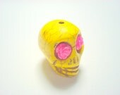 Gigantic Yellow Howlite Skull Bead or Pendant  with Bright Glitter Pink Roses in Eyes