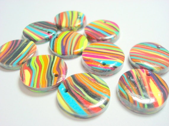 Top Drilled 20 mm Black and Bright Rainbow Stripes Polymer Clay Disk Beads