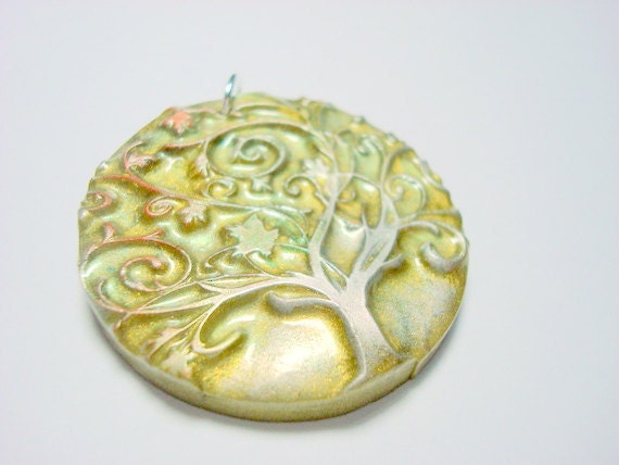 Tree of Life Green and Gold Yggdrasil Handmade Polymer Clay Pendant