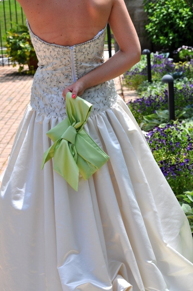 Clutch - The Elle Jane Clutch in Celery Green satin, bridal, bridesmaids wristlet, spring summer wedding purse, big bow green clutch