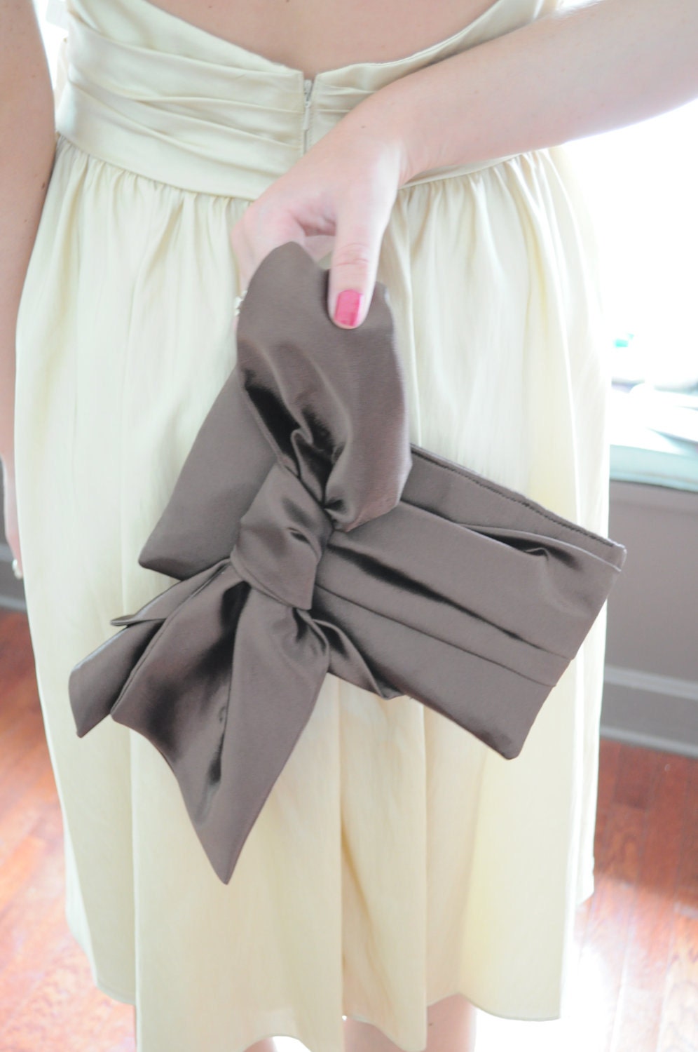 Chocolate Brown Clutch - The Elle Jane Clutch, chocolate brown satin formal wristlet, bride or bridesmaids big bow clutch purse, prom bag