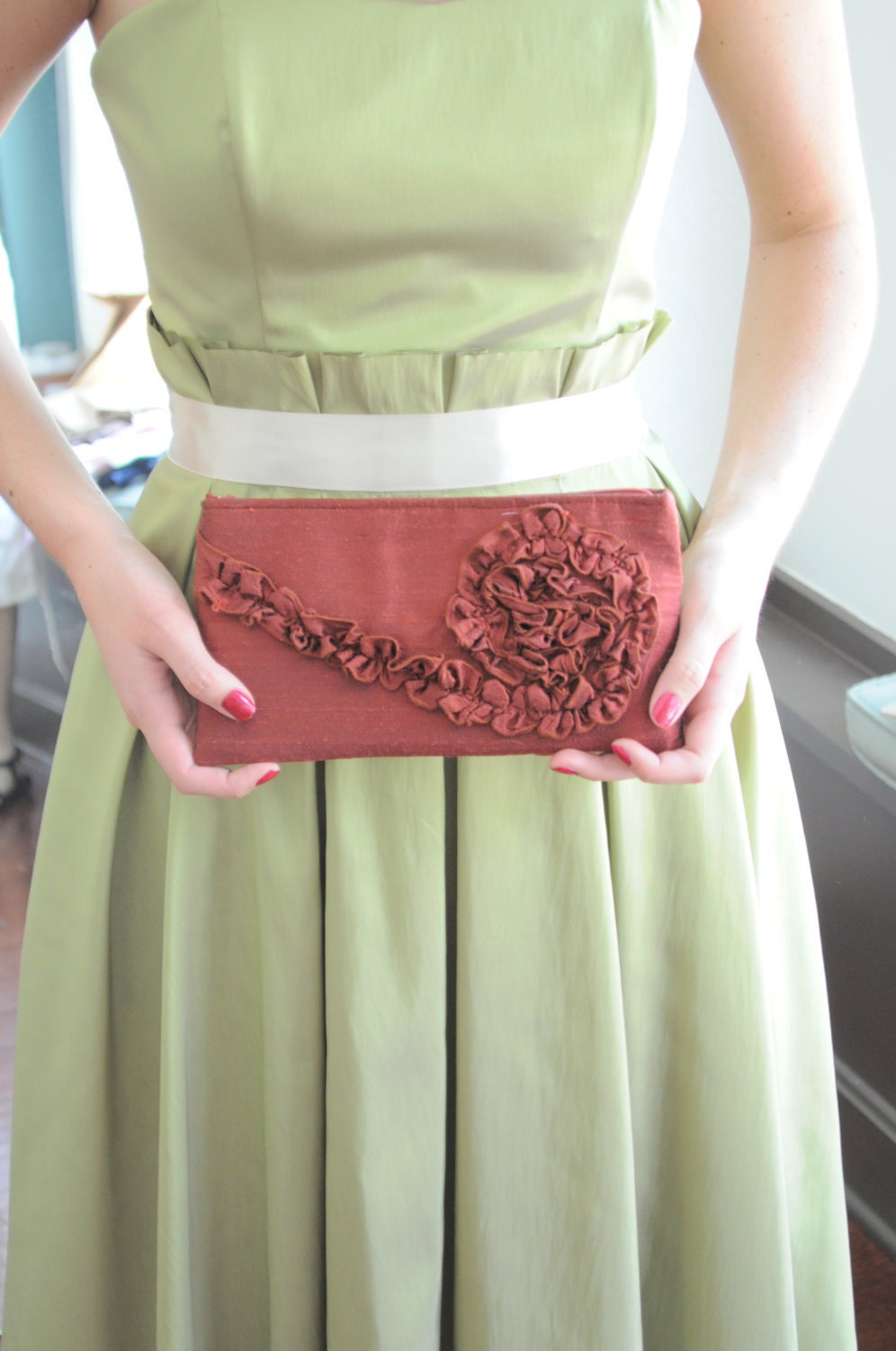 Clutch - The Kimberly Clutch in rust orange silk dupioni,  Burnt Orange Wedding Purse, Bridesmaids ruffle bag, Formal Evening Wear Purse