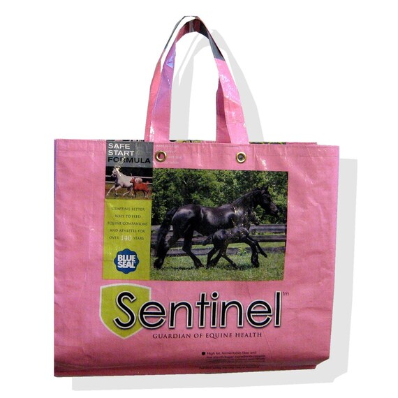 Recycled Horse Feed Bag Tote Pink by OneWomanStudio on Etsy