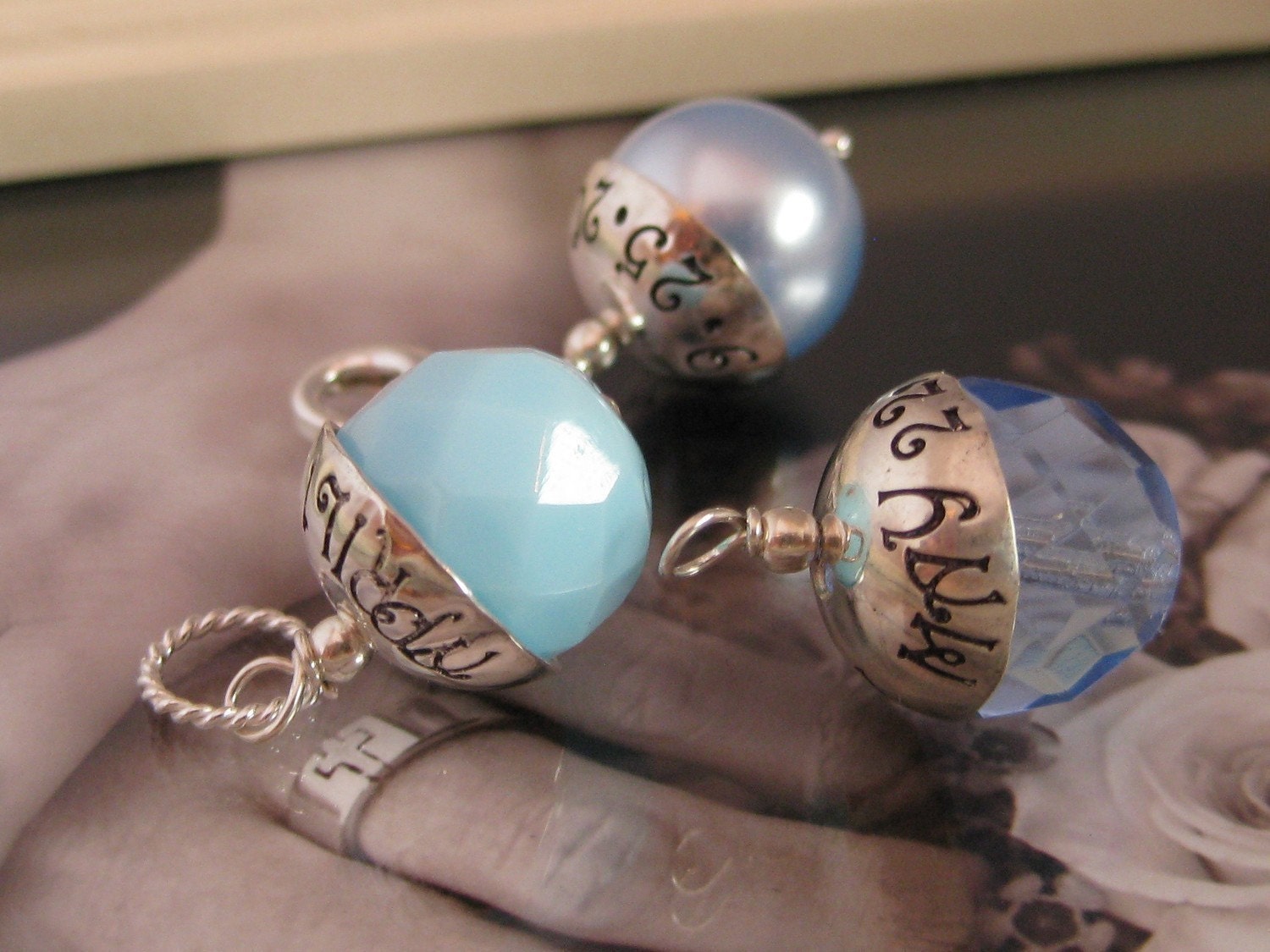 SOMETHING BLUE- Hand Stamped Custom Wedding Bouquet Charm- GOLD, fits Large Hole Charm bracelets