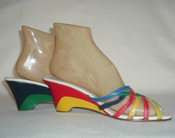 Vintage 70s Wedge Shoes / NOS Colorblock Sandals / Primary Colors