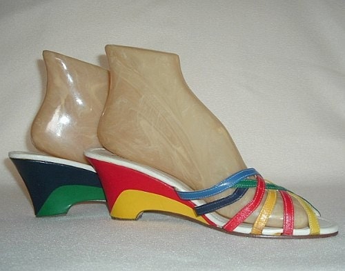Vintage 70s Wedge Shoes / NOS Colorblock Sandals / Primary Colors