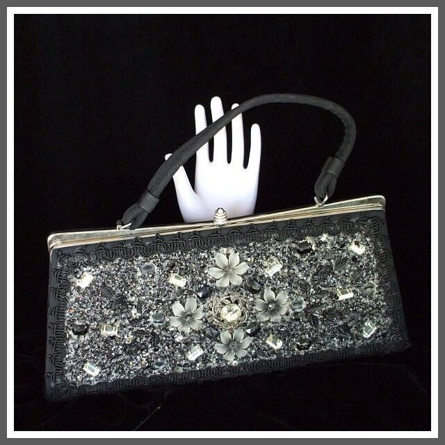 Jewel & Flower Encrusted Fabric Handbag Black and Gray Caron of Houston Vintage 50s 60s