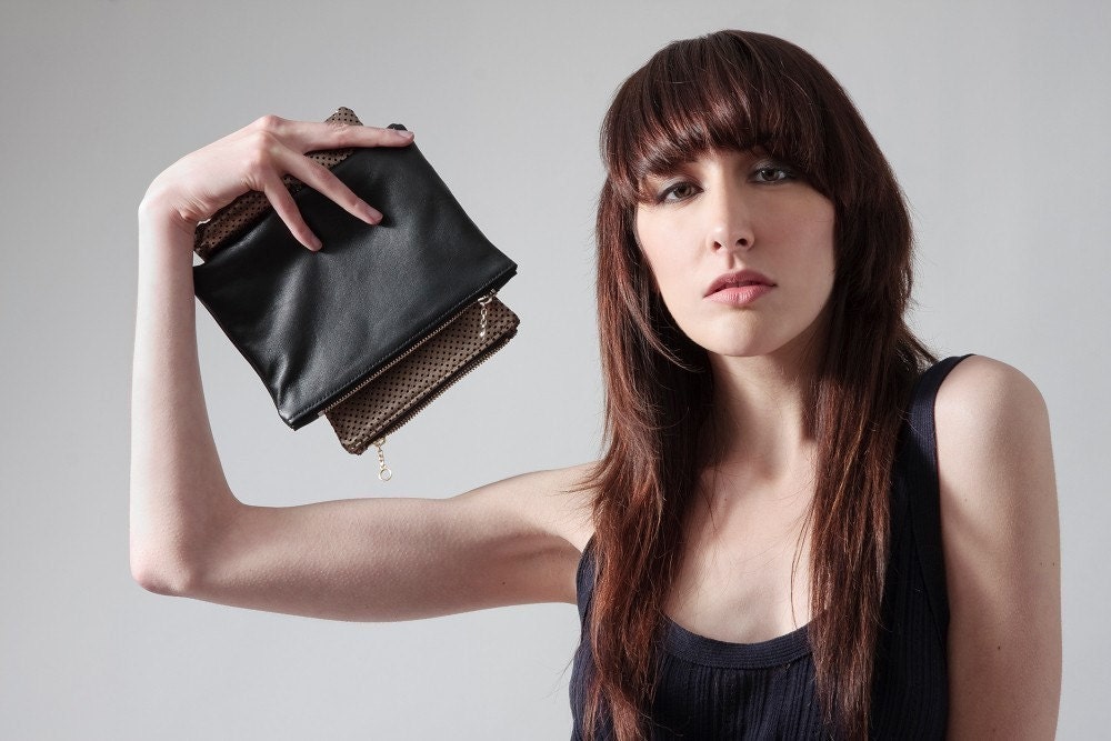 Leather mini clutch in antique gold