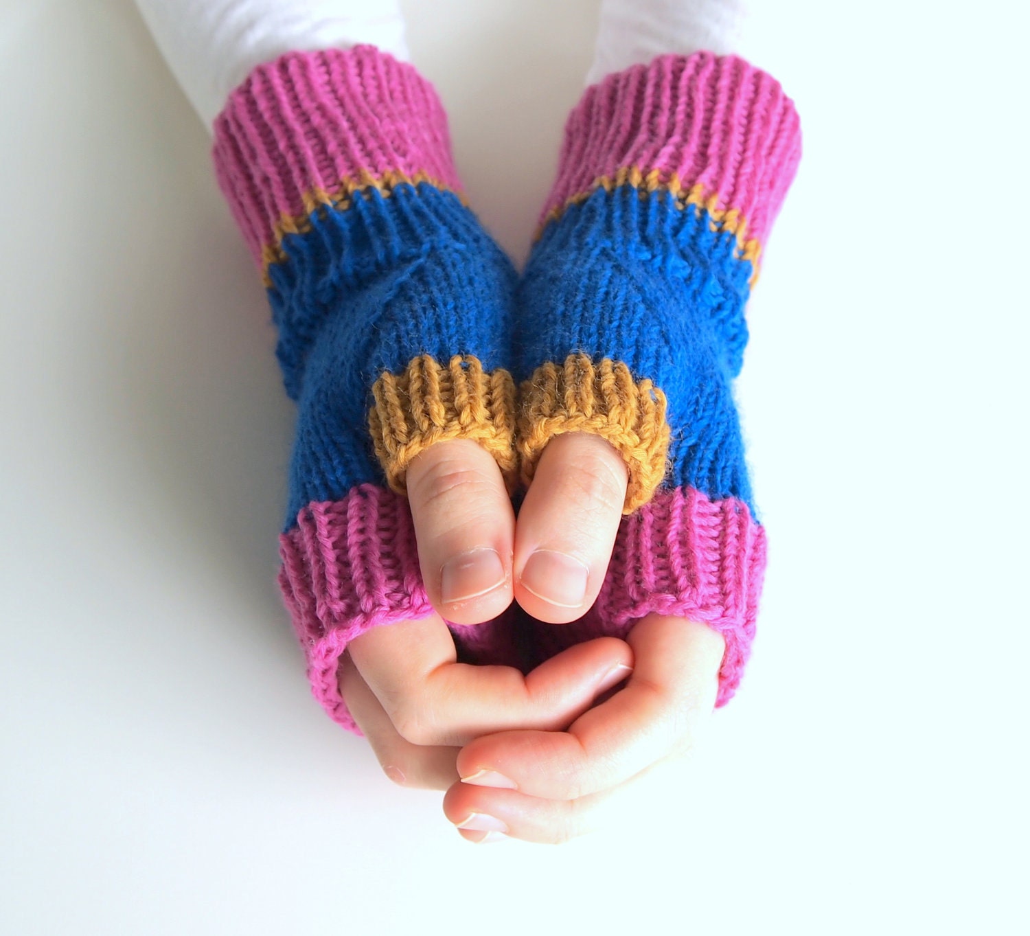 Fingerless mittens - Pink Blue knit fingerless mitts - woolen