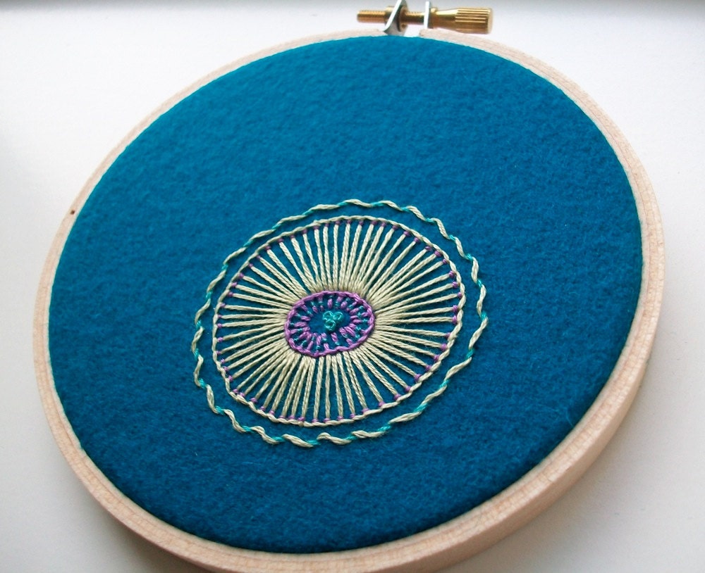 hand embroidered hoop art - freeform flower on repurposed pool table felt in 4 inch hoop by bo betsy - free shipping
