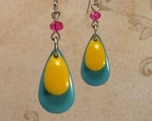 Enameled earrings in yellow, aqua and hot pink